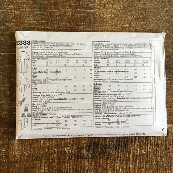 Simplicity Sewing Pattern 2333 Mens Mad Hatter Captain Hook Cosplay L XL UNCUT - Picture 2 of 2